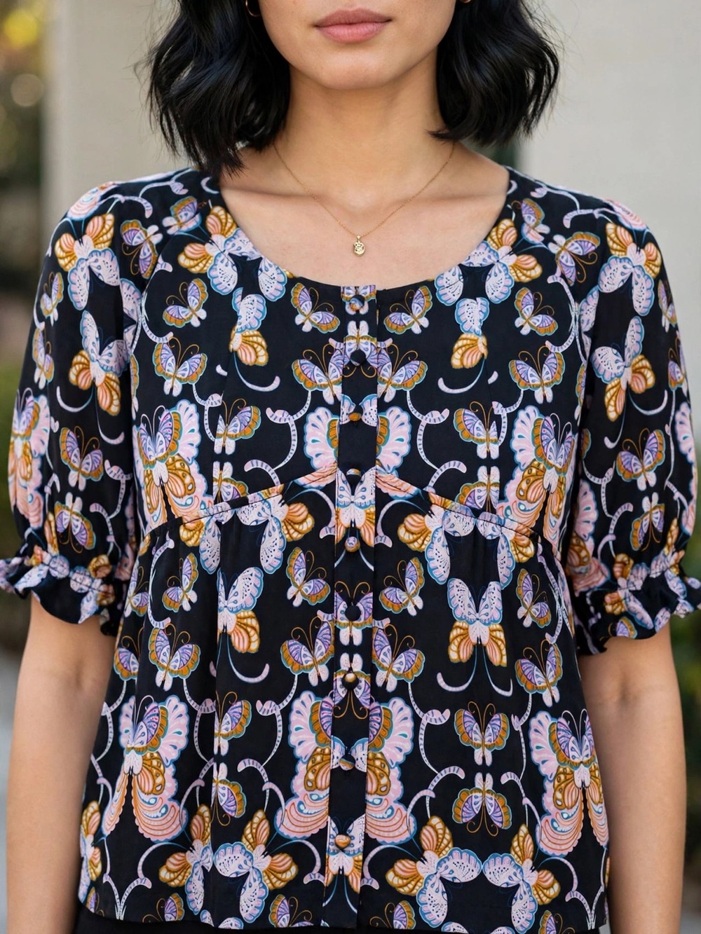 Rose & Olive Black Butterfly Print Ruffled Sleeve Blouse